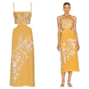 JOHANNA ORTIZ Embroidered Cut Out Midi Dress 12 L Silk Yellow Gold Floral $2250